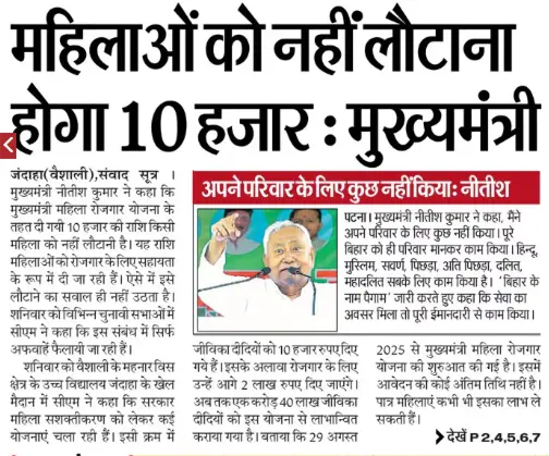 Bihar Mahila Rojgar 10 Hajar New Important Update Today
